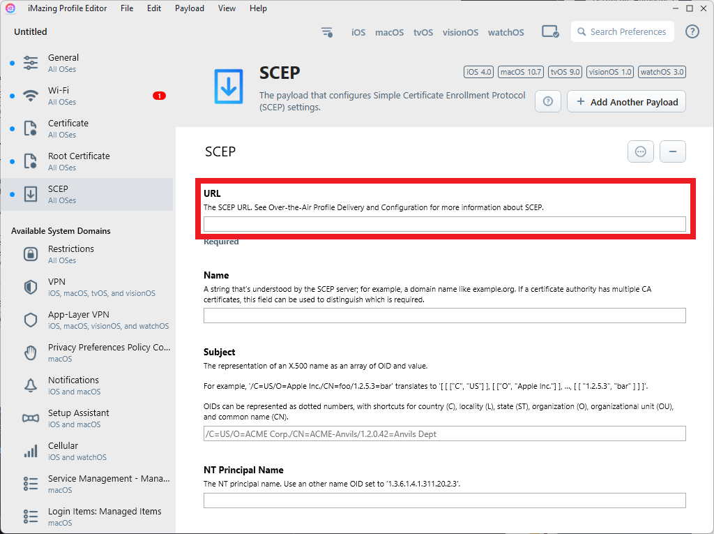iMazing Profile Editor Certificates Section Add Payload for SCEP Profile