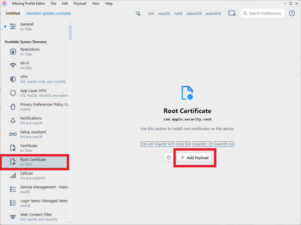 iMazing Profile Editor Certificates Section for SCEP Profile