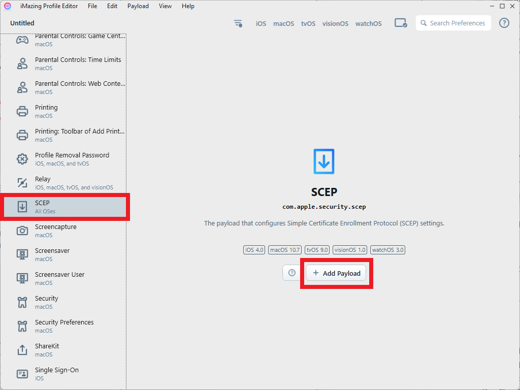 iMazing Profile Editor Certificates Section Add Payload for SCEP Profile