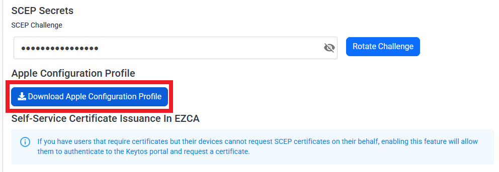 How to Download An Apple Configuration Profile from your EZCA Cloud PKI SCEP CA with the Download Apple Configuration Profile button highlighted
