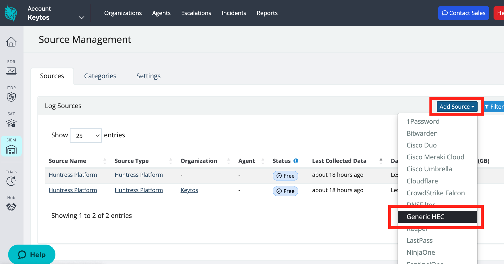 Huntress Source Management HTTP Event Collector