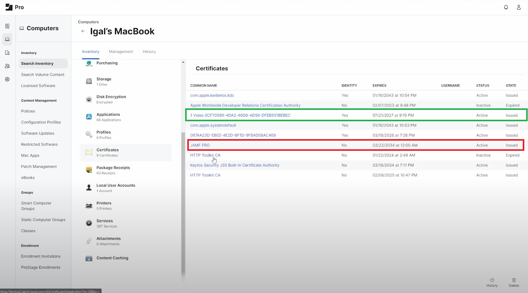 How to view issued certificate in JAMF Pro