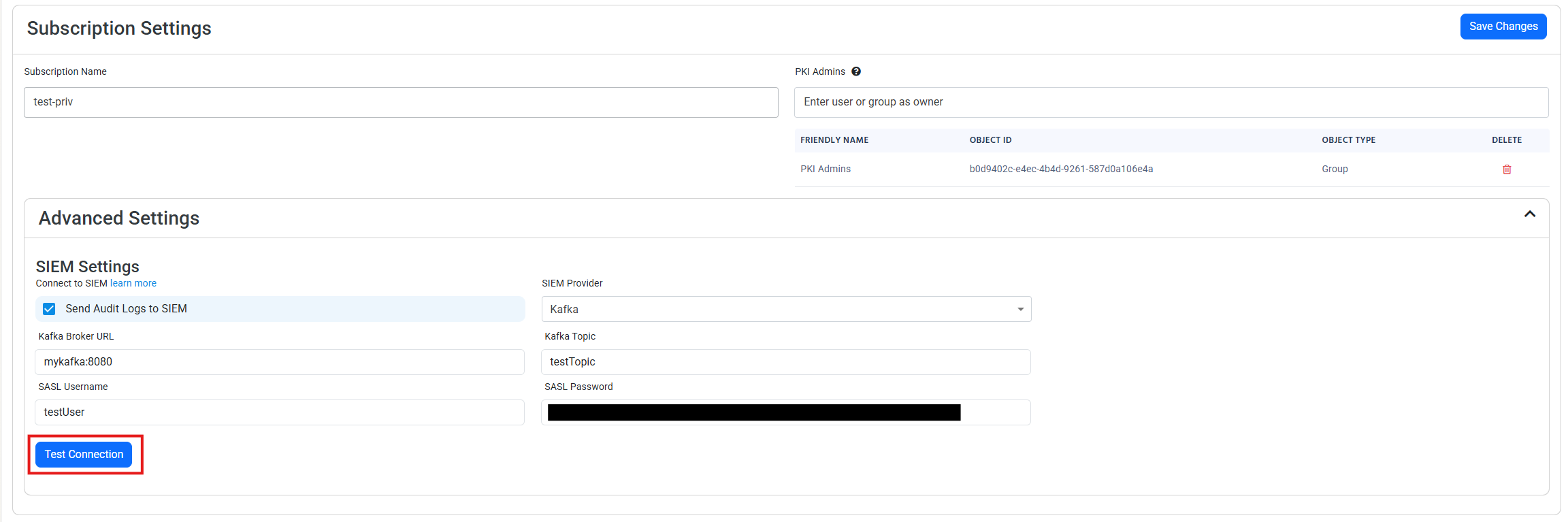 Kafka Paste Values and Test Connection