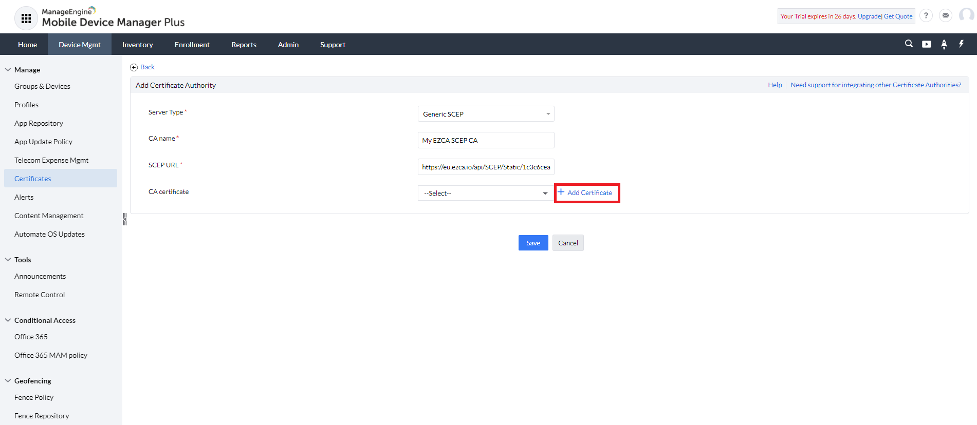 Past SCEP Certificate Authority URL in Manage Engine MDM Plus