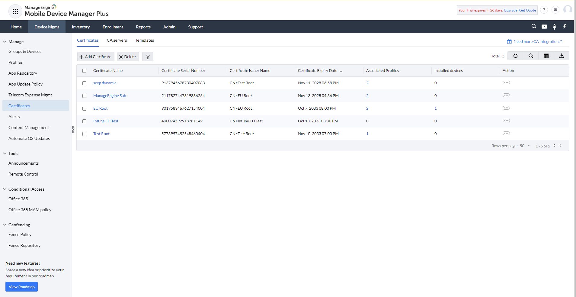 ManageEngine MDM Plus Certificates