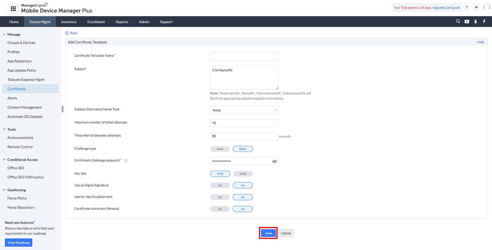 Paste SCEP Challenge in Manage Engine MDM Plus for automated certificate issuance