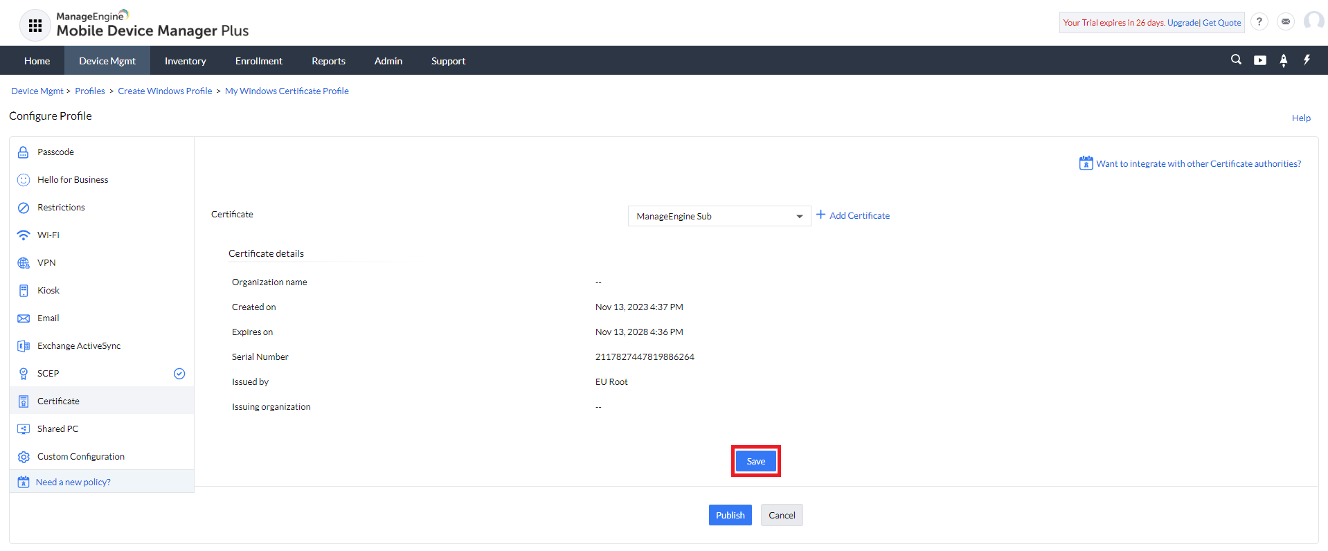 Select SCEP certificate in ManageEngine MDM Plus