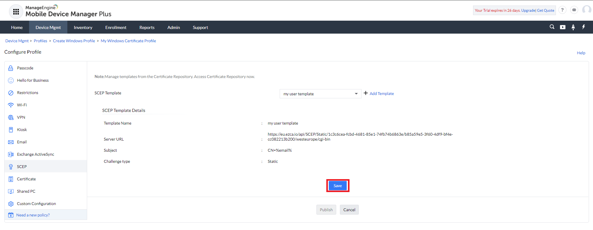 Select SCEP profile in ManageEngine MDM Plus