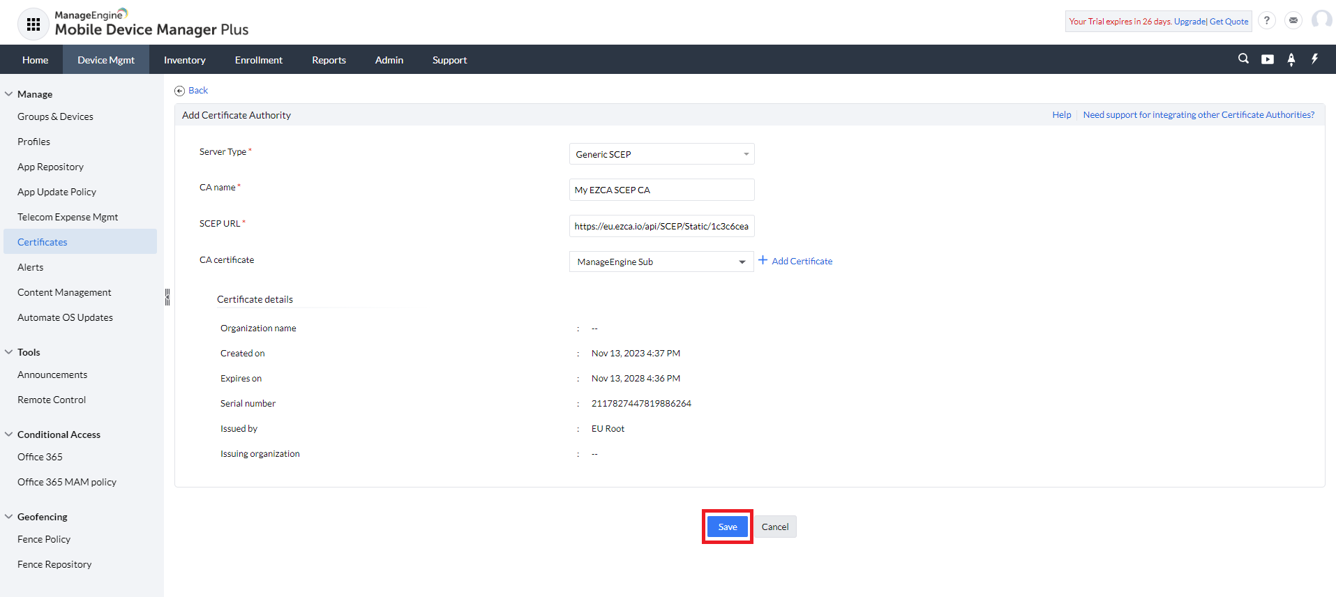 Past SCEP Certificate Authority URL in Manage Engine MDM Plus