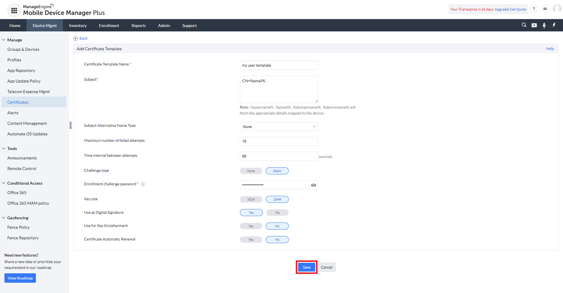 Save SCEP Certificate Authority in Manage Engine MDM Plus