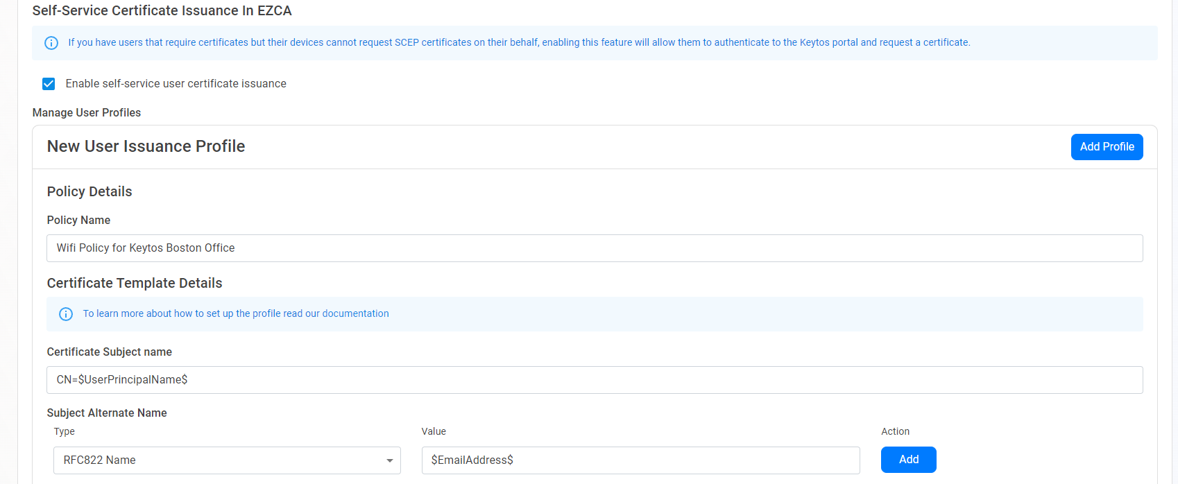 Enable self-service user certificate issuance with custom fields