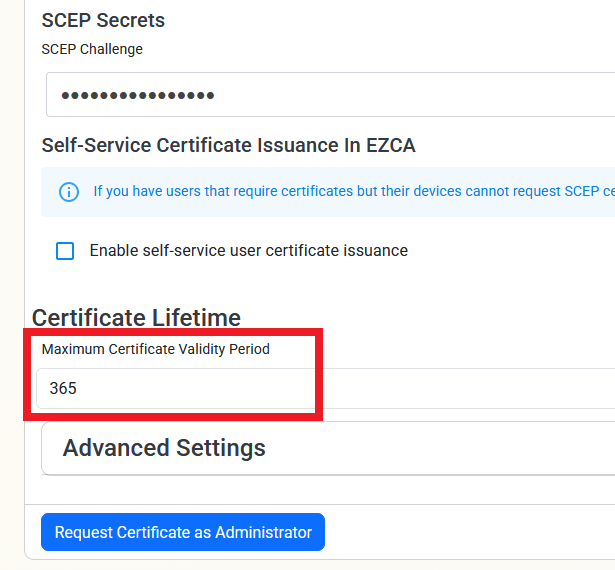 EZCA SCEP Certificate Lifetime Settings