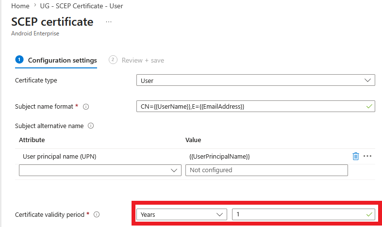 Intune SCEP Certificate Lifetime Settings