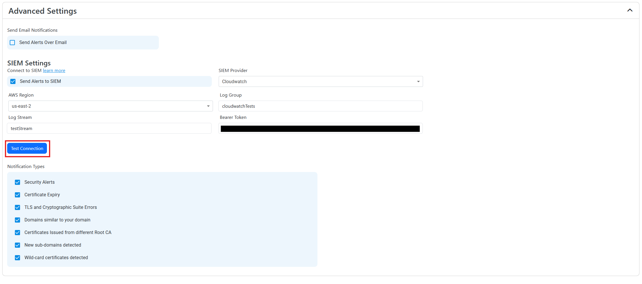 CloudWatch Paste Values and Test Connection