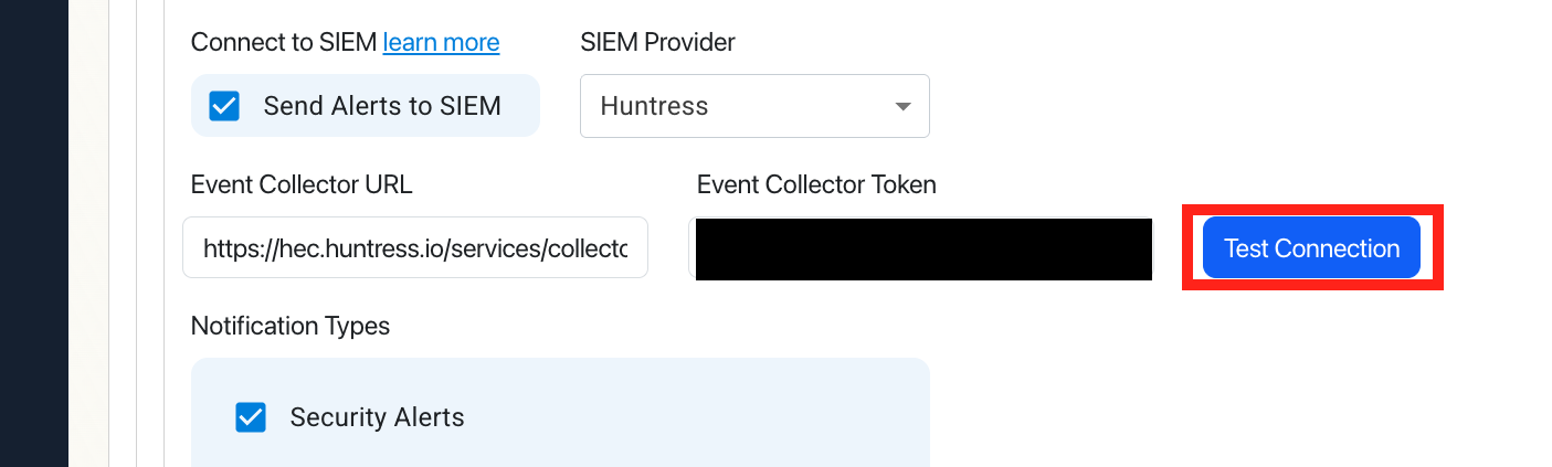 Huntress Paste Values and Test Connection