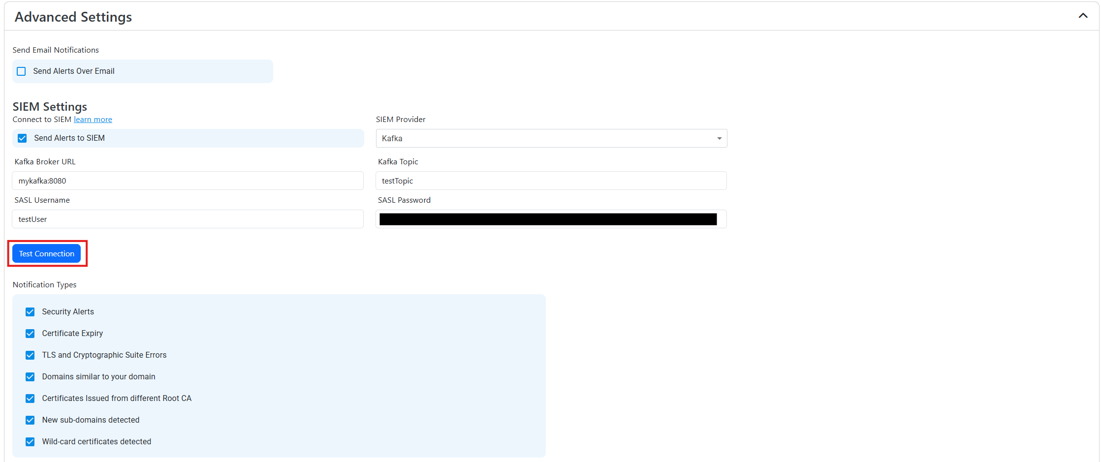 Kafka Paste Values and Test Connection