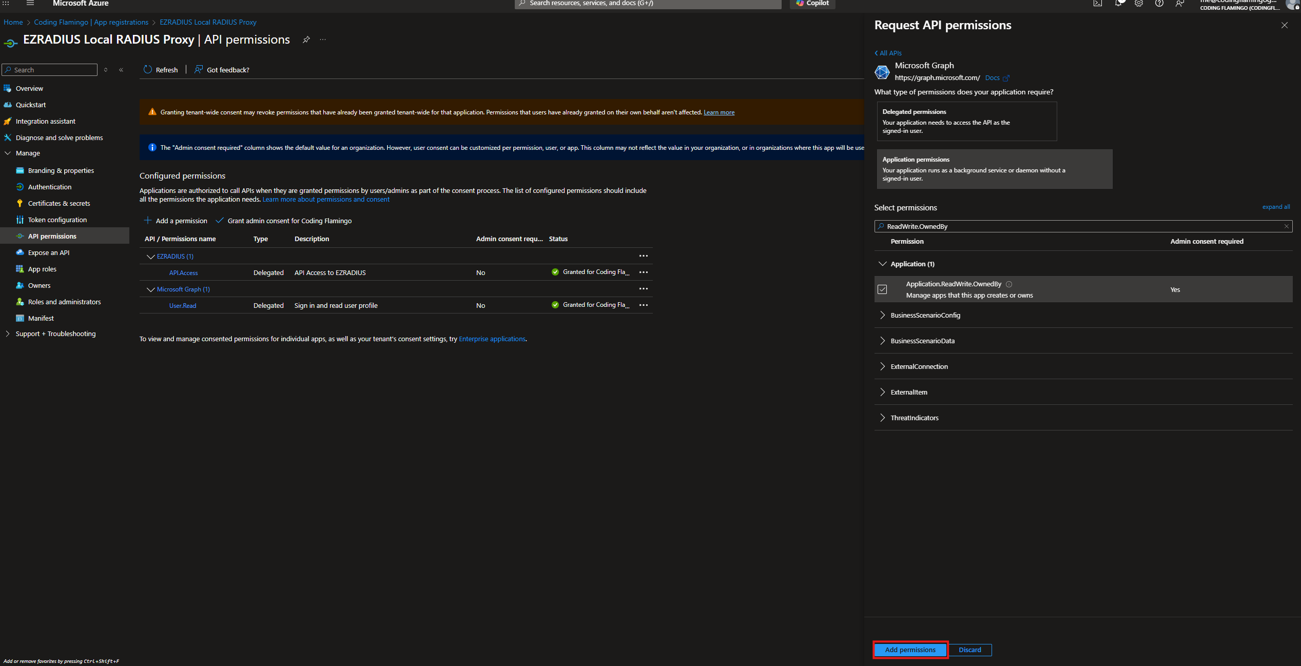 Add Permissions for Cloud RADIUS to access Microsoft Graph API