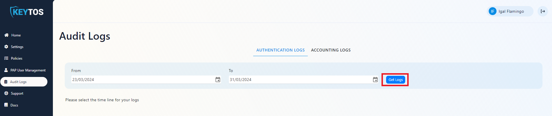 EZRADIUS Cloud RADIUS view Audit Logs