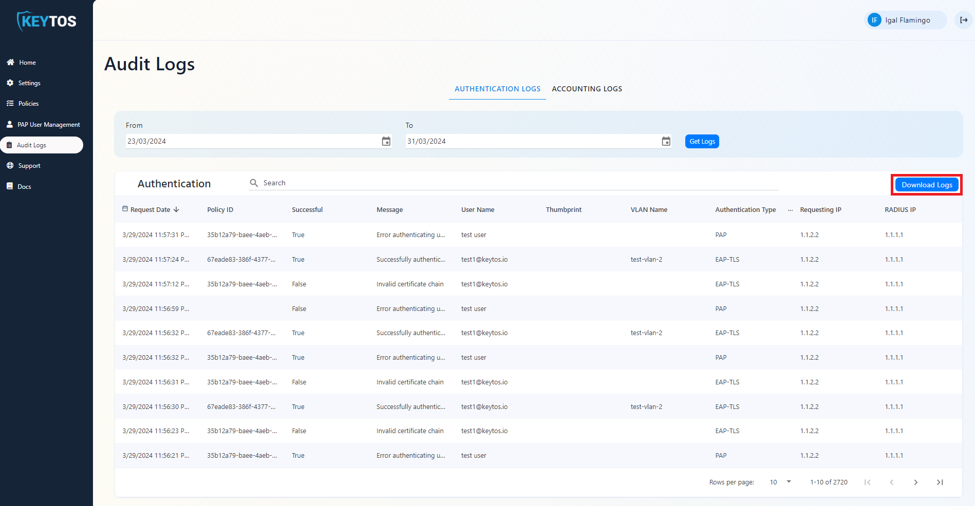 EZRADIUS Cloud RADIUS view Audit Logs