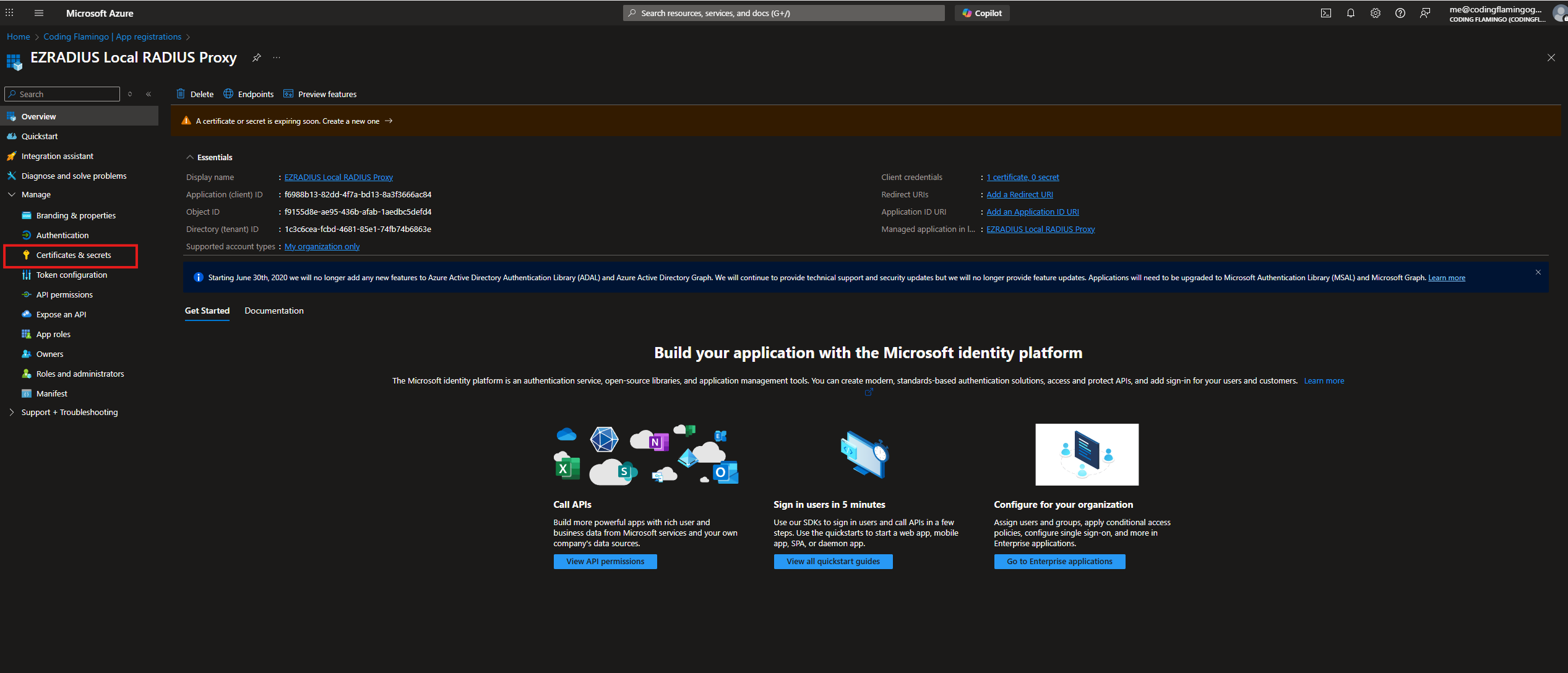 Certificates and Secrets for Entra ID Application