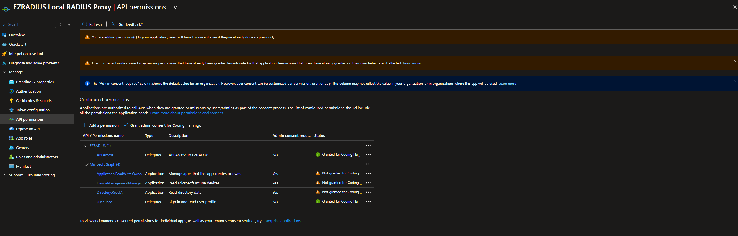 Cloud RADIUS Application Permissions in Entra ID