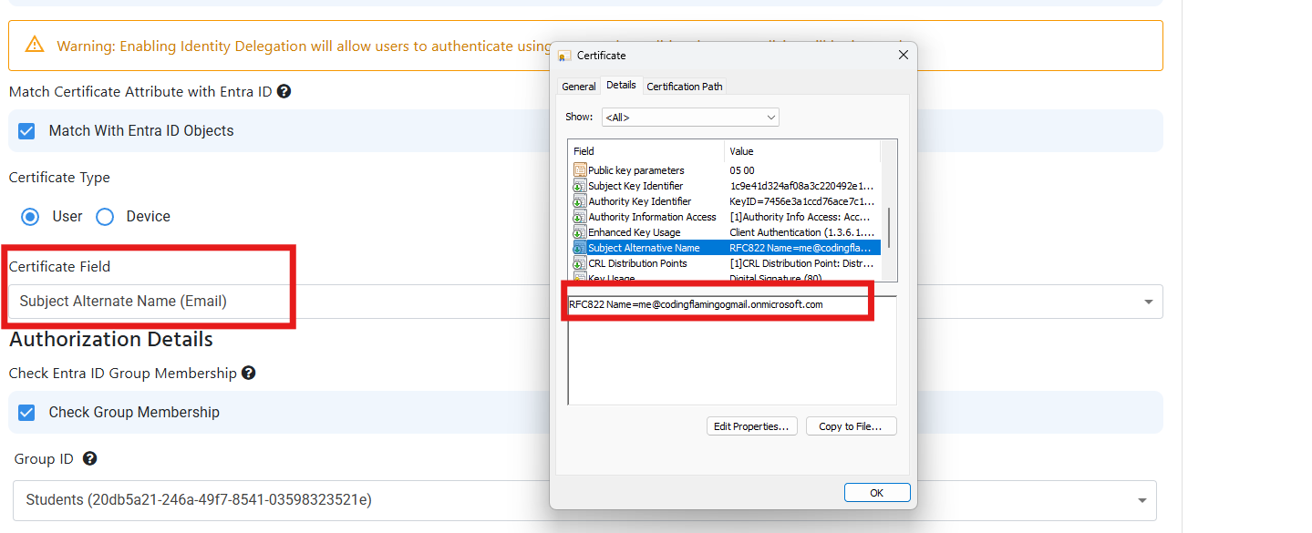 Cloud RADIUS Certificate email Attribute
