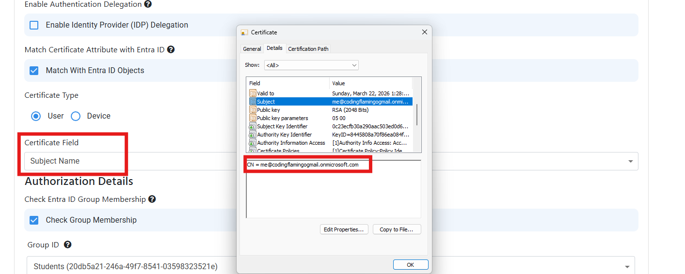 Cloud RADIUS Certificate Subject Name Attribute