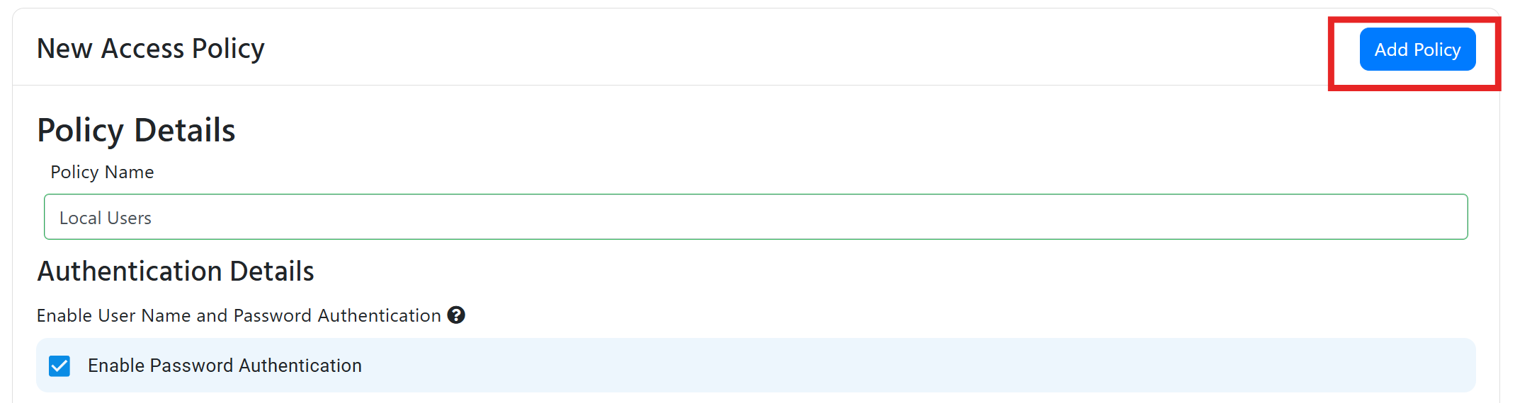 The Add Policy button is highlighted which will save the policy