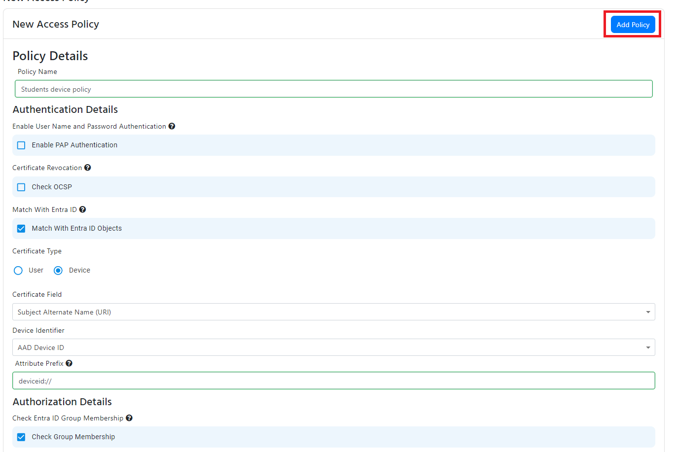 EZRADIUS Cloud RADIUS Network Policy Access Policies for Students EAP-TLS policy with Entra ID Device Validation