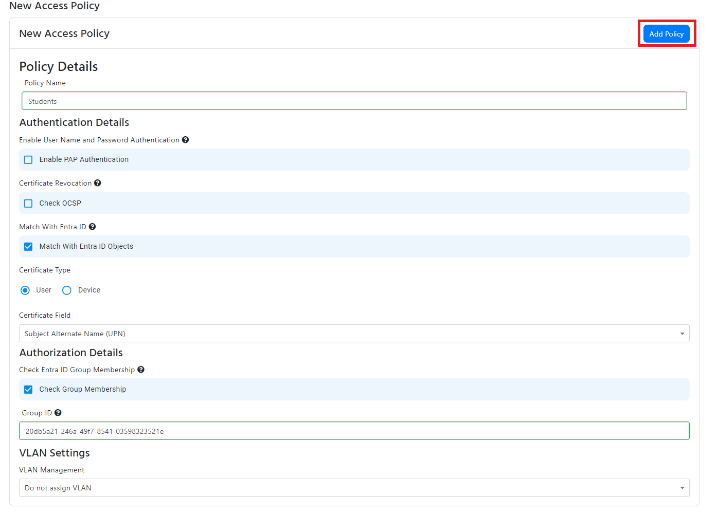 EZRADIUS Cloud RADIUS Network Policy Access Policies for Students add basic EAP-TLS policy with Entra ID User Validation