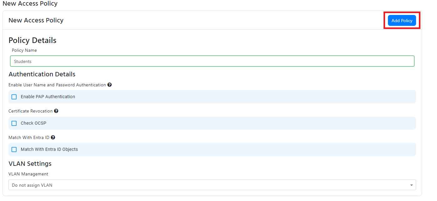 EZRADIUS Cloud RADIUS Network Policy Access Policies for Students add basic EAP-TLS policy