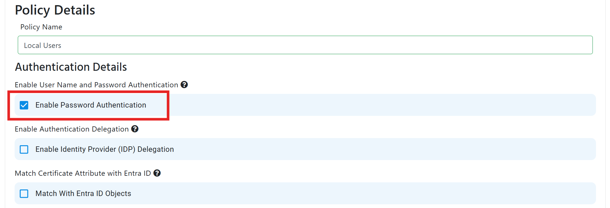 The Enable Password Authentication selection being checked, enabling PAP, PEAP-MSCHAPv2, and EAP-TTLS RADIUS methods