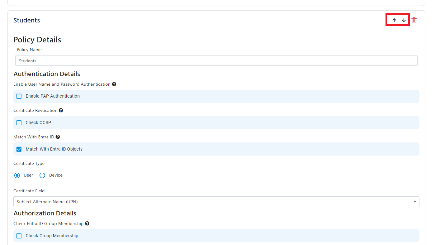 EZRADIUS Cloud RADIUS Network Policy Access Policies for Students EAP-TLS policy with Dynamic VLAN Assignment