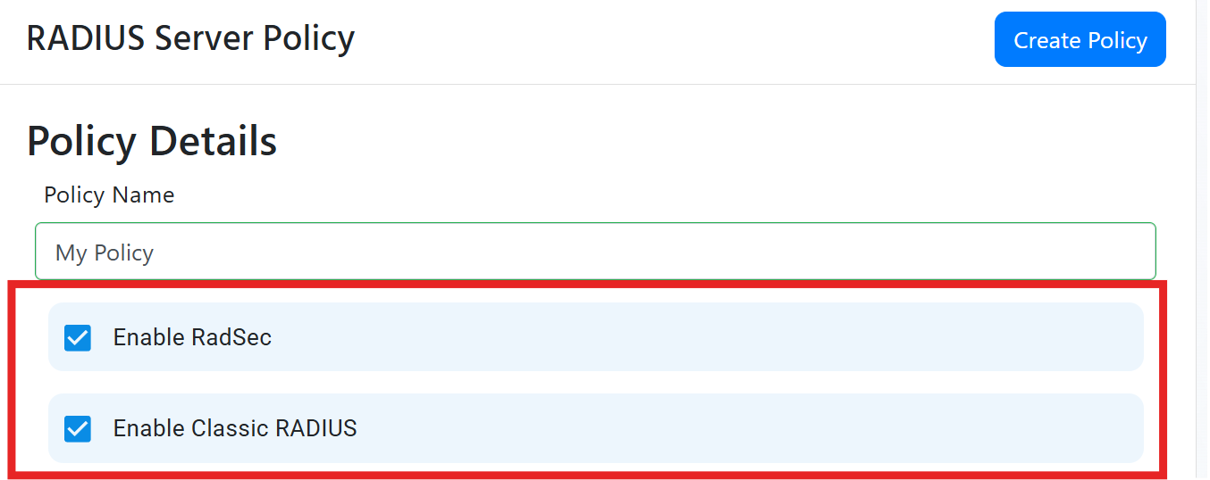 EZRADIUS Cloud RADIUS Network Policy select RadSec and Classic RADIUS