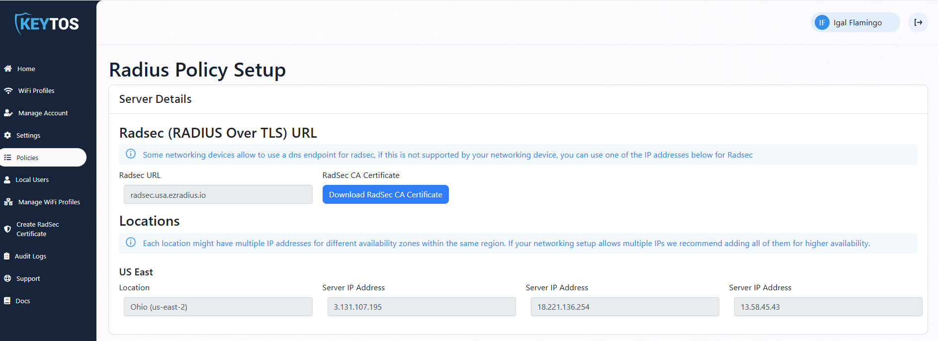 EZRADIUS Cloud RADIUS Server Details