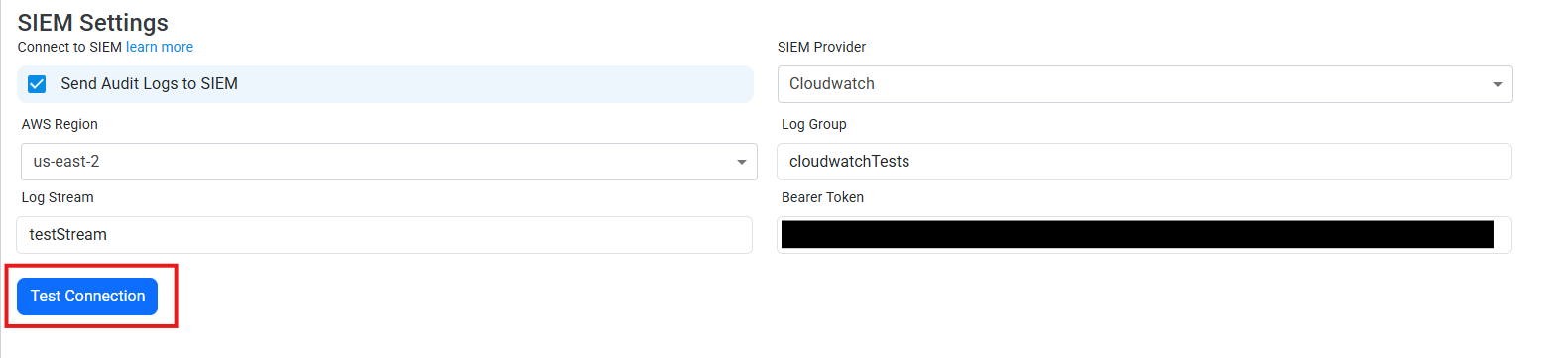 CloudWatch Paste Values and Test Connection