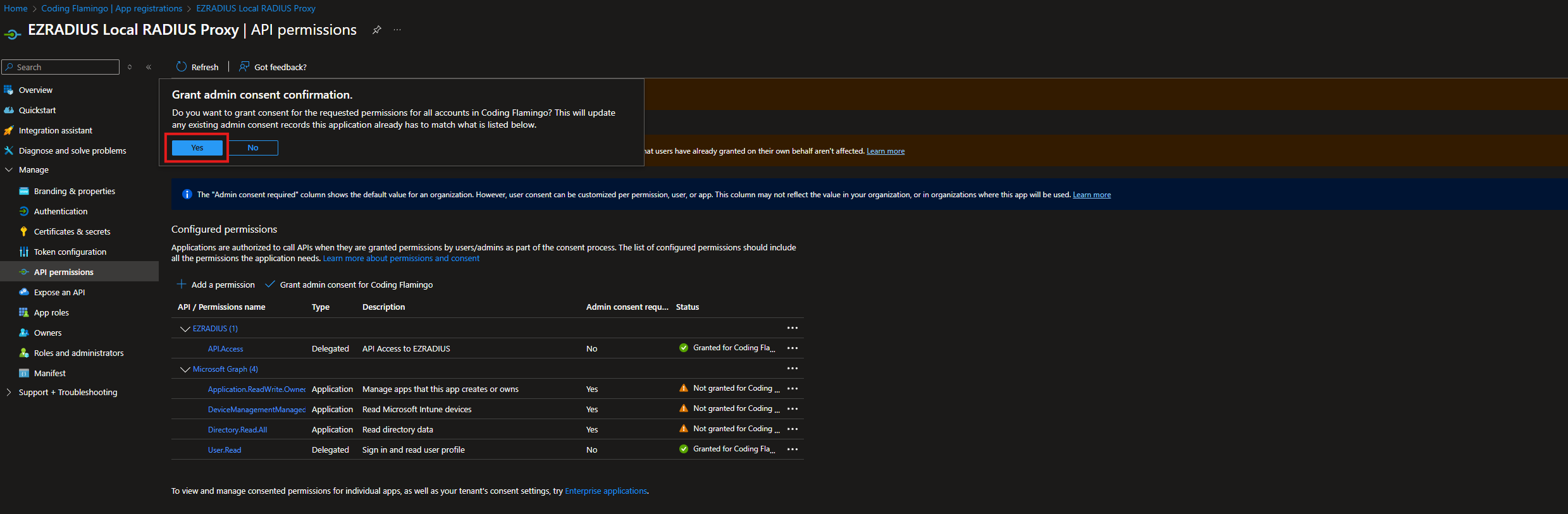 Confirm Admin Consent for Cloud RADIUS Application in Entra ID