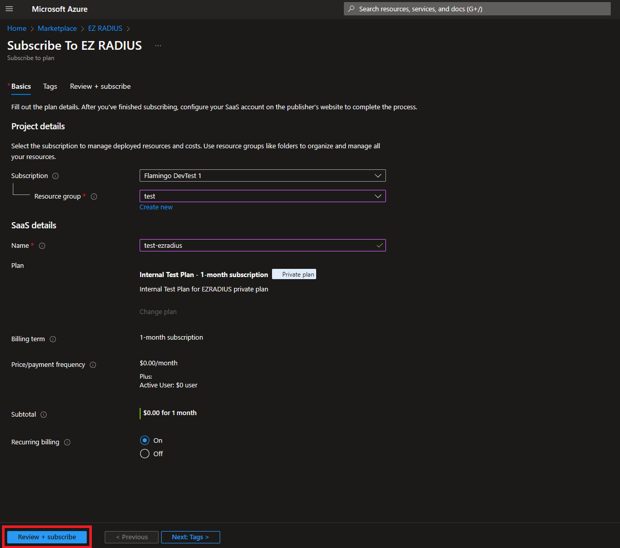 Enter details for Azure RADIUS as a Service