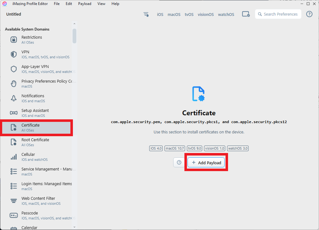 Add Certificate Payload in iMazing