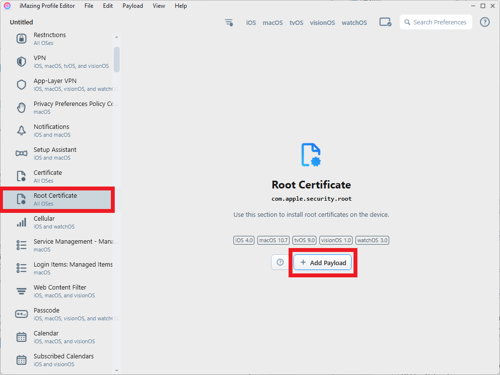 Add New Root Certificate Payload in iMazing