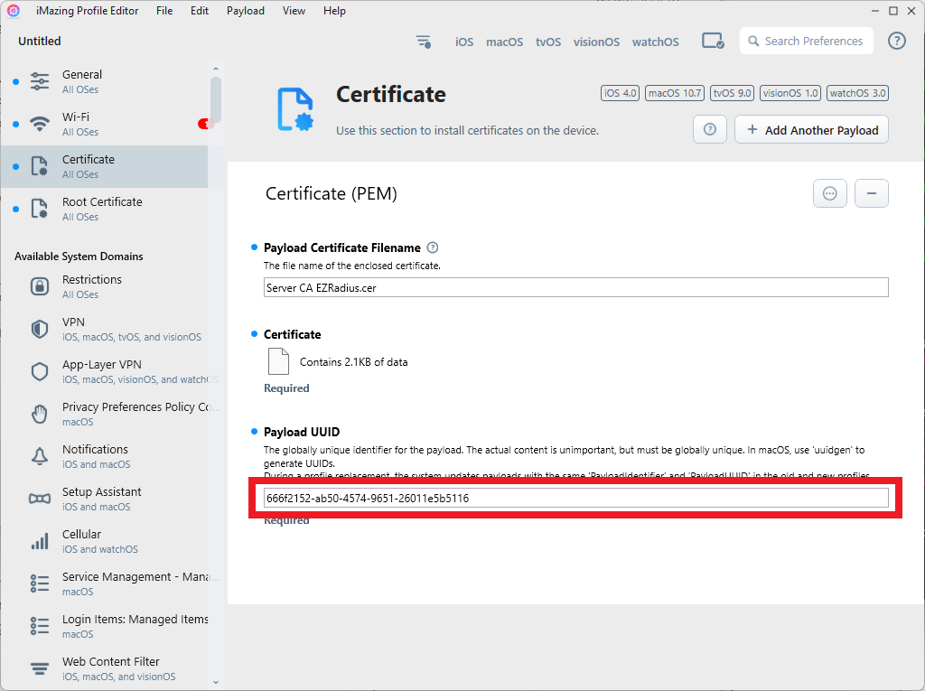 Copy Root Certificate Payload UUID iMazing