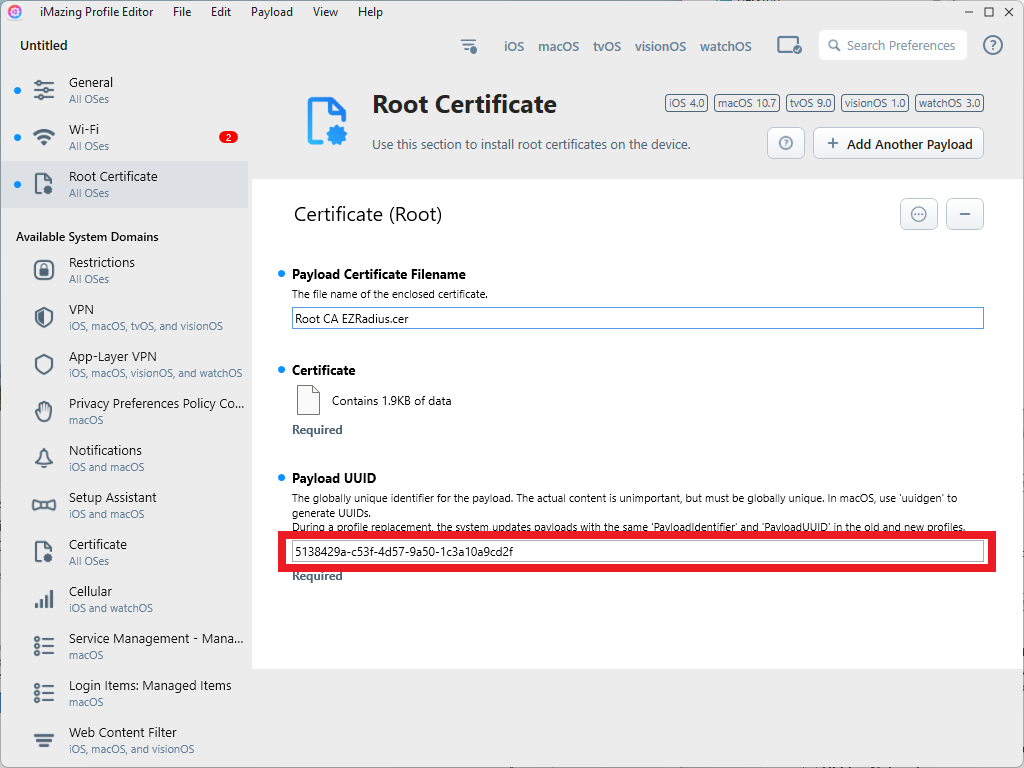 Copy Root Certificate Payload UUID iMazing