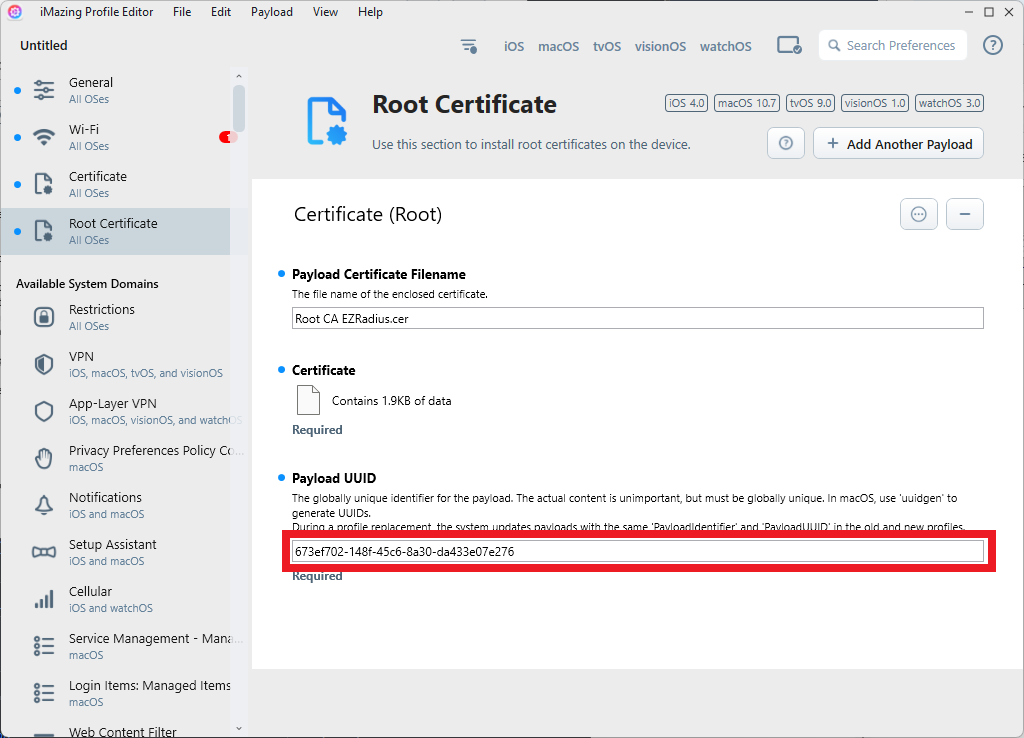 Copy Root Certificate Payload UUID iMazing