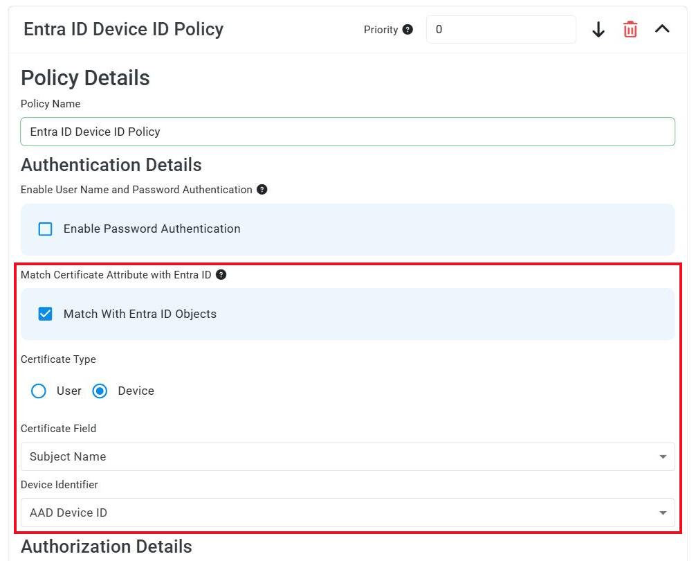 EZRADIUS Cloud RADIUS access policy showing Match With Entra ID Objects enabled with Certificate Type Device, Certificate Field, and Device Identifier selected