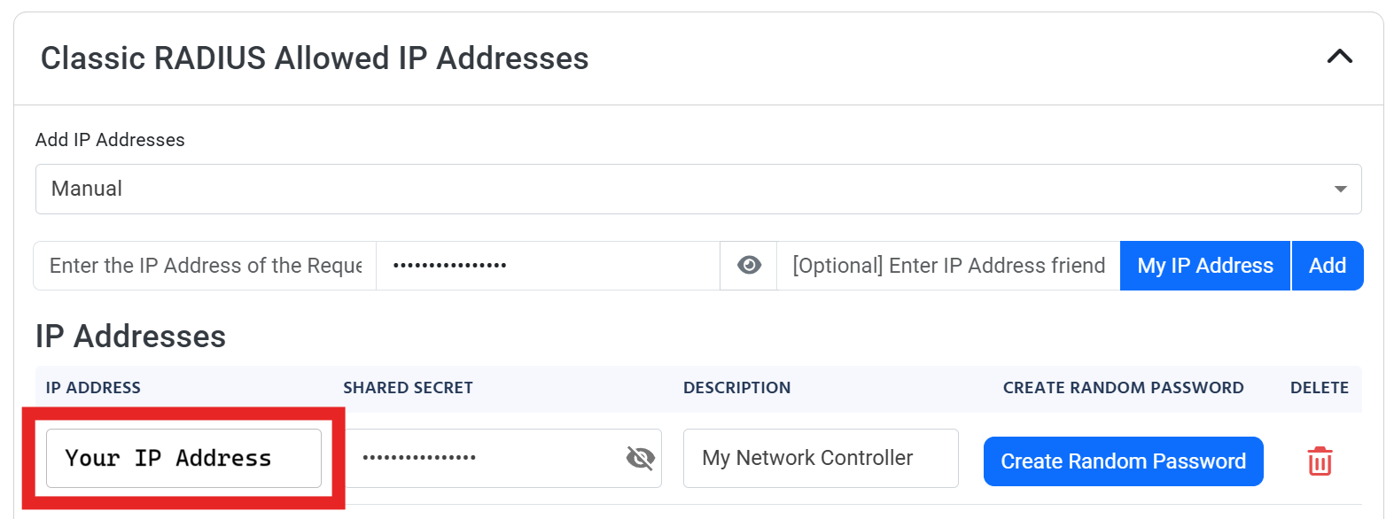 EZRADIUS portal showing how to register your public IP address
