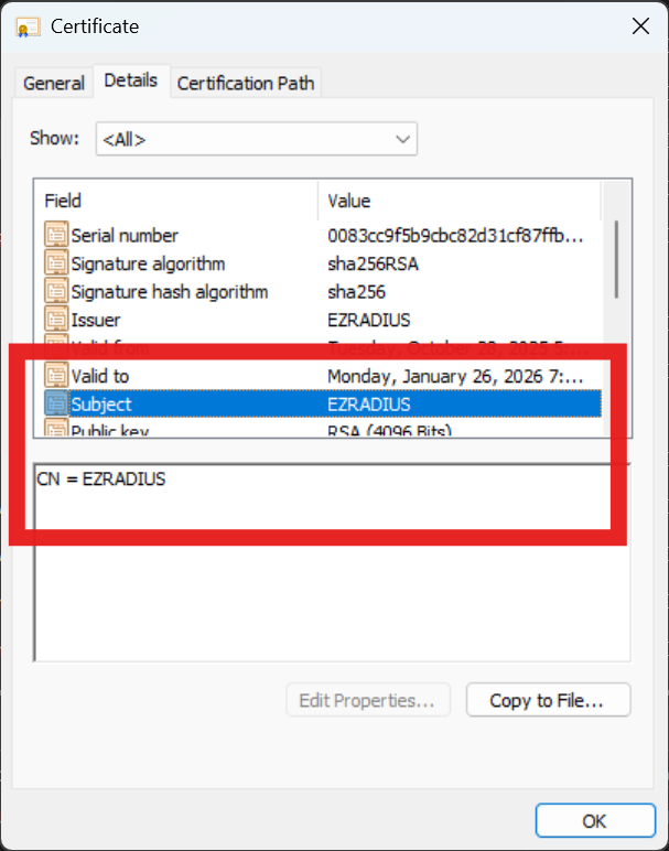 EZRADIUS Server Certificate Subject value