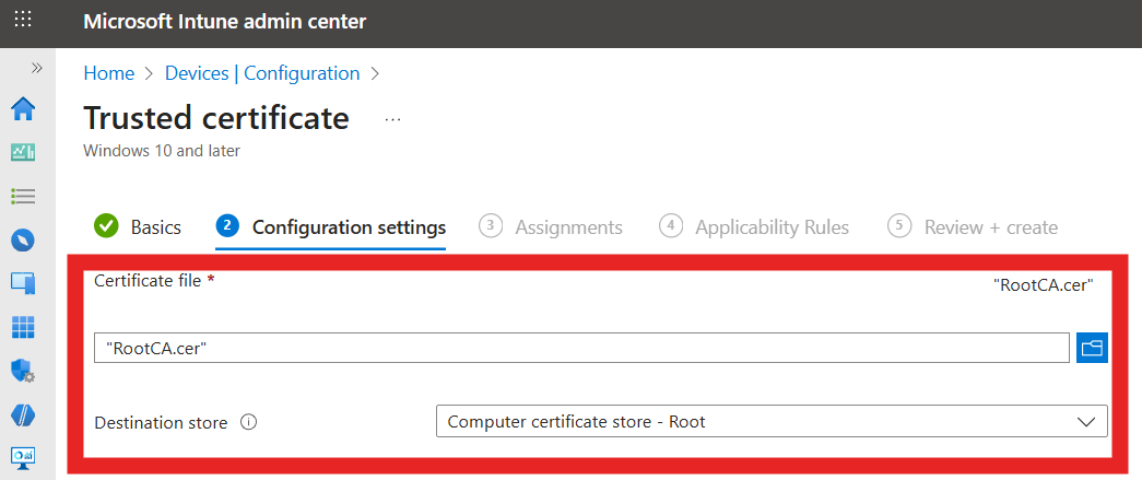 Intune Trusted Certificate Profile Settings