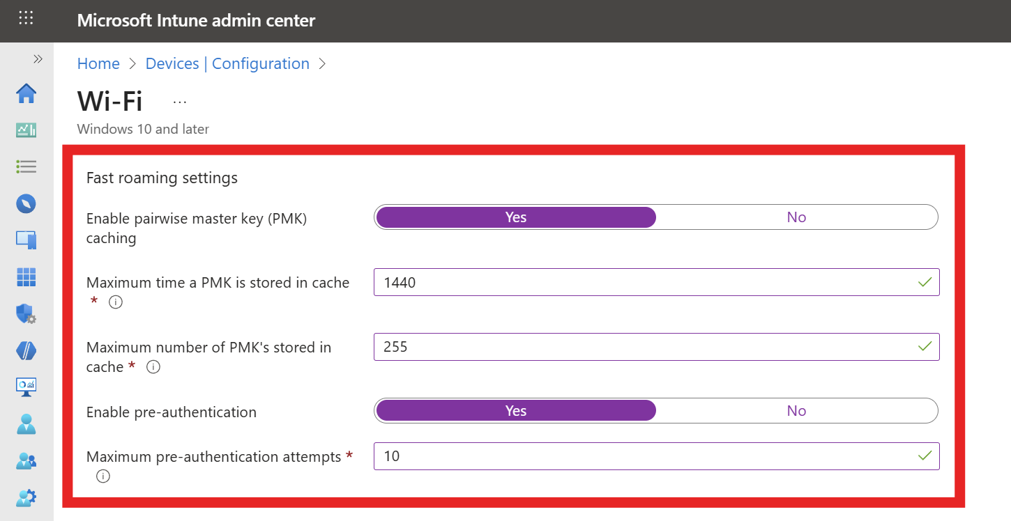 Intune Wi-Fi Profile Fast Roaming Settings