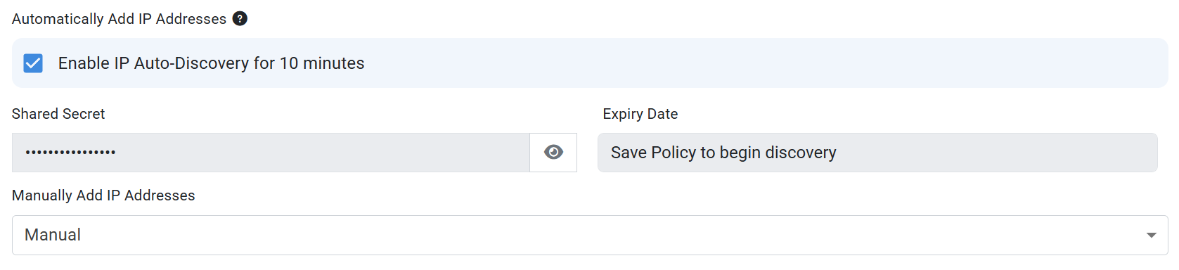 EZRADIUS Cloud RADIUS policy showing Enable IP Auto-Discovery for 10 minutes checkbox checked with Shared Secret and Expiry Date fields