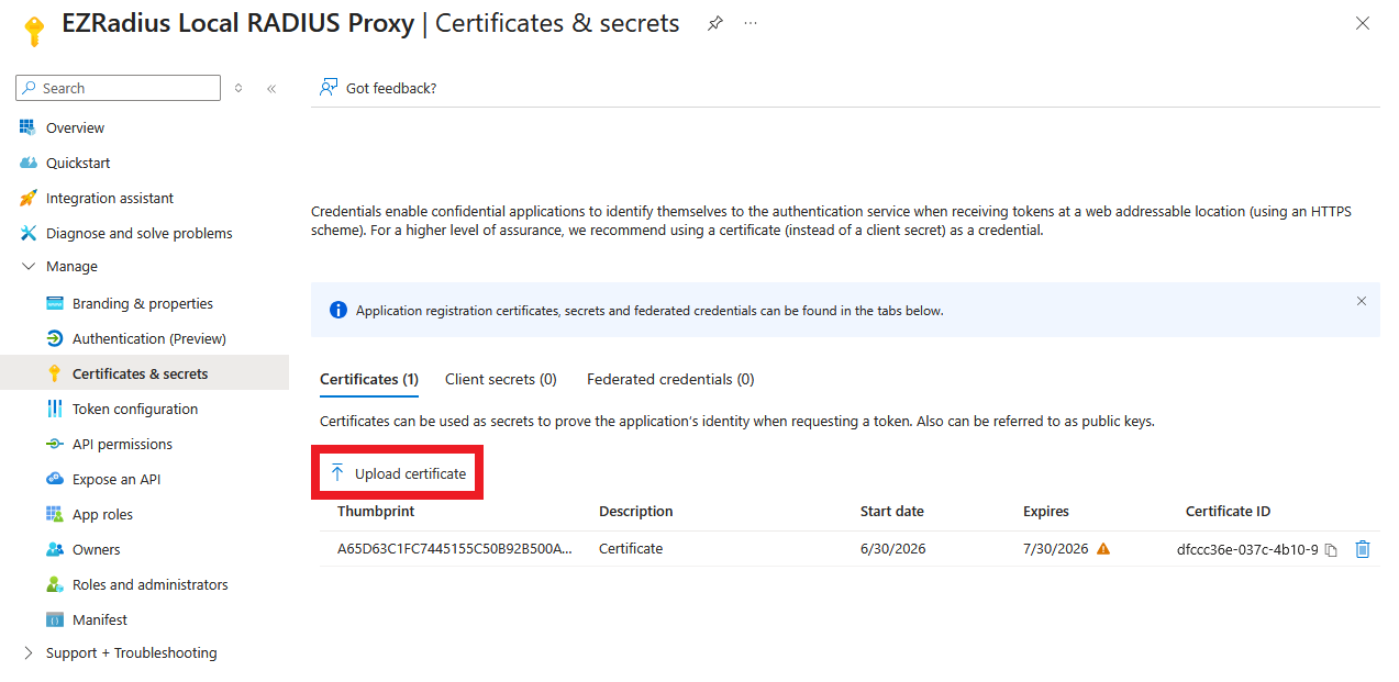 How to Upload Certificate to Local RADIUS Proxy for Cloud Radius in Entra ID